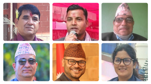 माथिल्लो लहरको बायाँबाट क्रमशः एमाले सांसदहरु सुरेन्द्रबहादुर पाल, वीरबहादुर थापा र हीरा सार्की । तल्लो लहरमा बायाँबाट क्रमशः माओवादी सांसदहरु अक्कलबहादुर रावल, ओमबिक्रम भाट र लक्ष्मी बिक ।